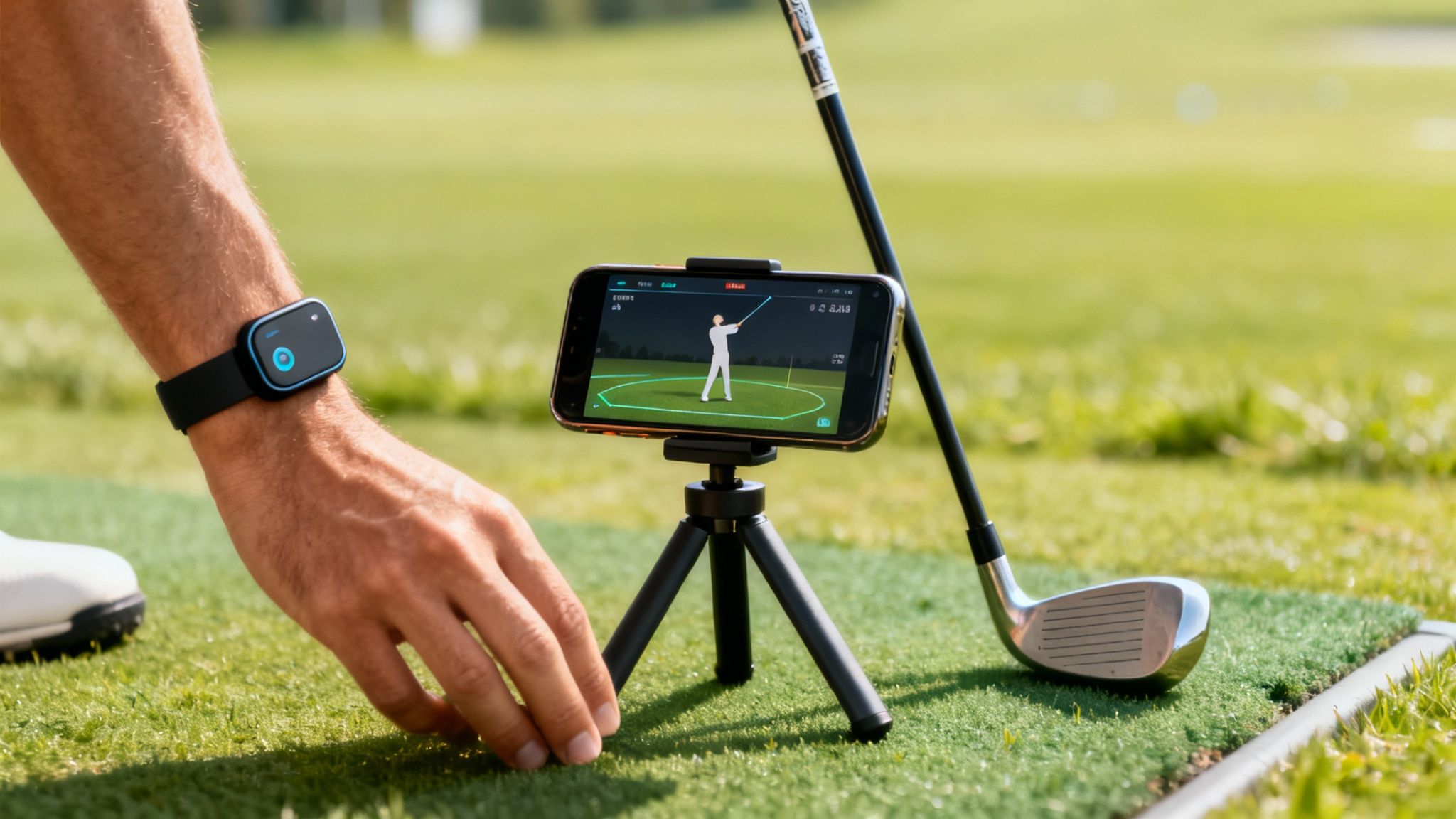 A golfer using a mobile app to analyze their swing on a driving range