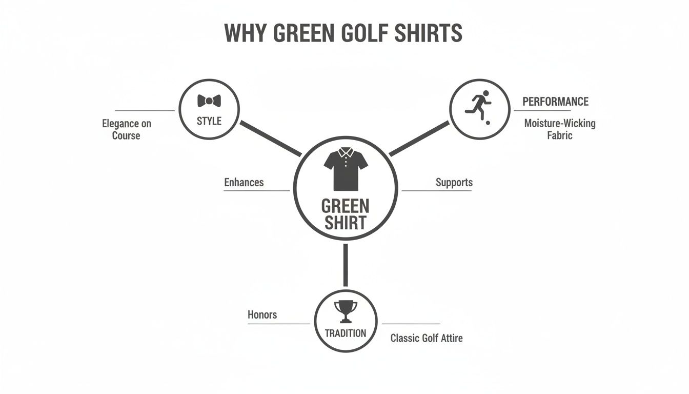 Infographic explaining the benefits of green golf shirts for style, performance, and tradition.