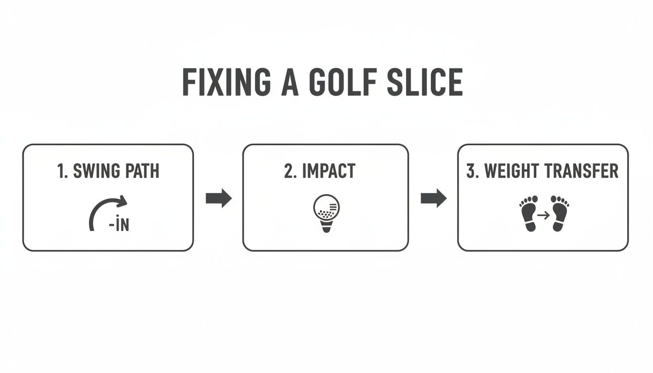 A three-step diagram explaining how to fix a golf slice: swing path, impact, and weight transfer.