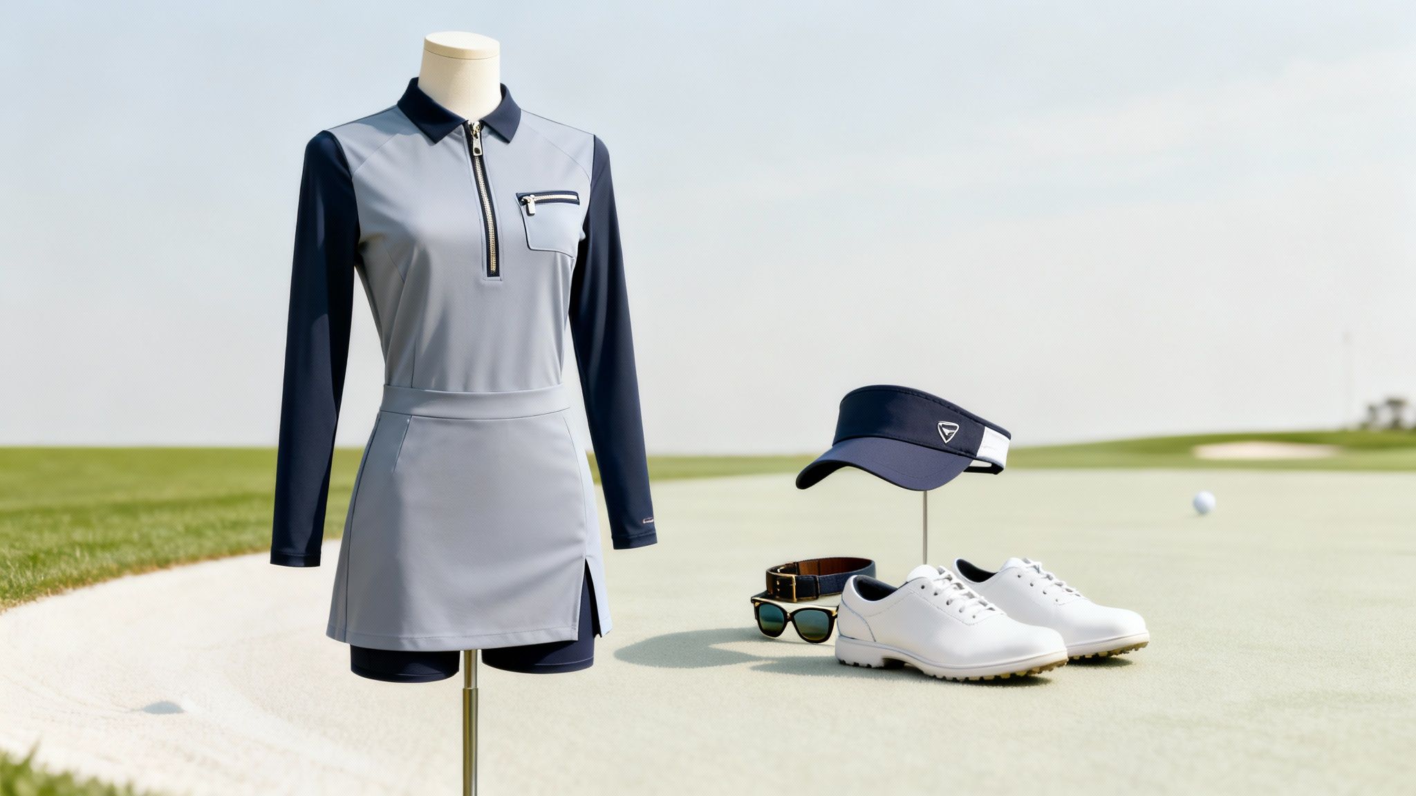 Woman in a sleeved golf dress selecting a club from her bag