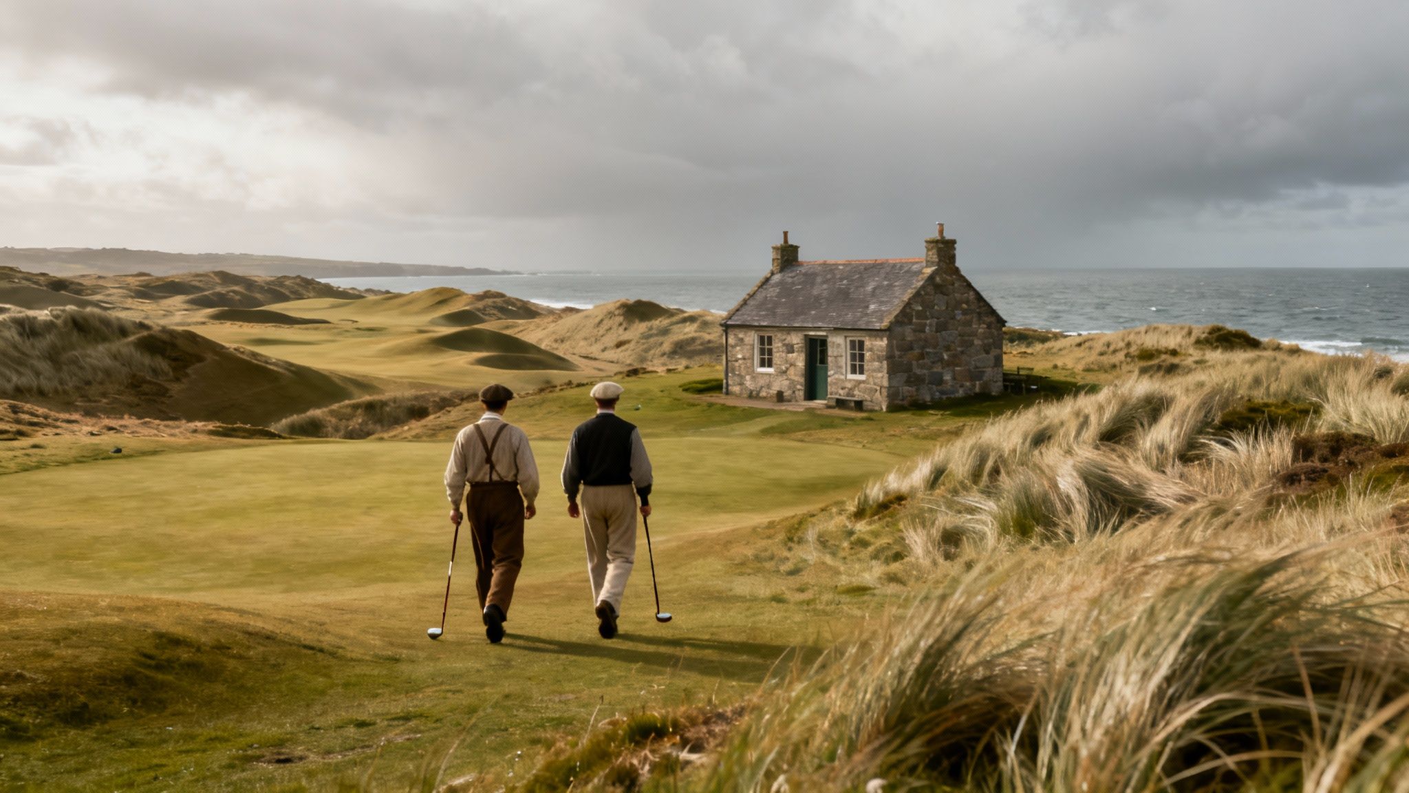 Two golfers in vintage attire walk on a links course towards a stone cottage by the sea.