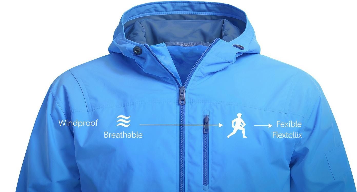 Close-up of a blue jacket highlighting its windproof, breathable, and flexible Flextcllix features.