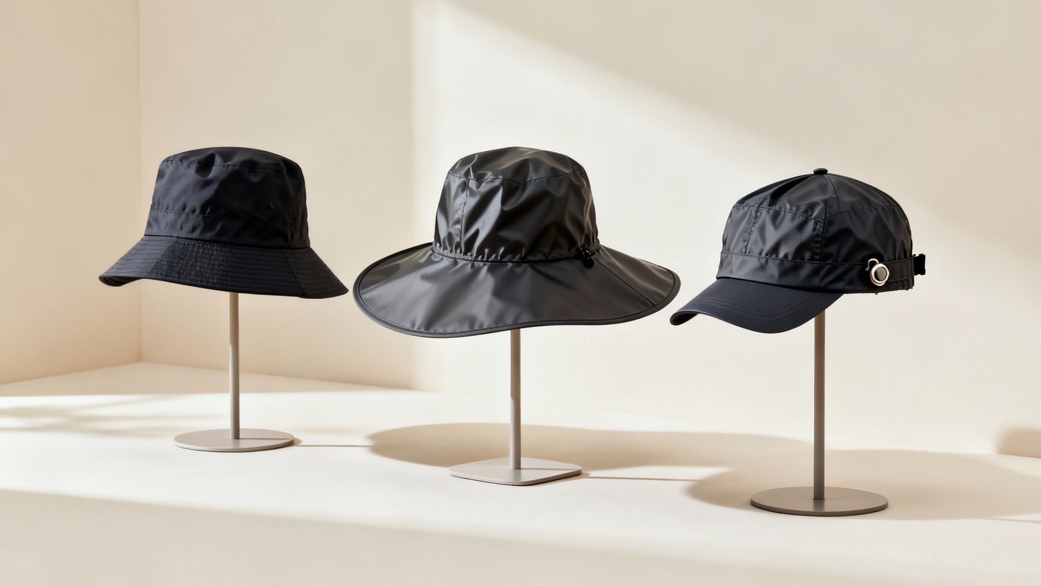 Three black men's golf rain hats displayed on stands, including bucket, wide-brim, and baseball styles.