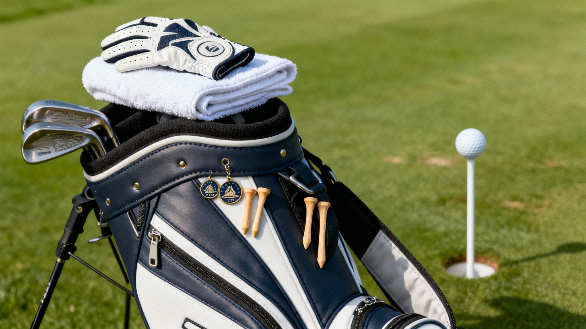 A golfer's bag filled with essential golf accessories on a sunny course
