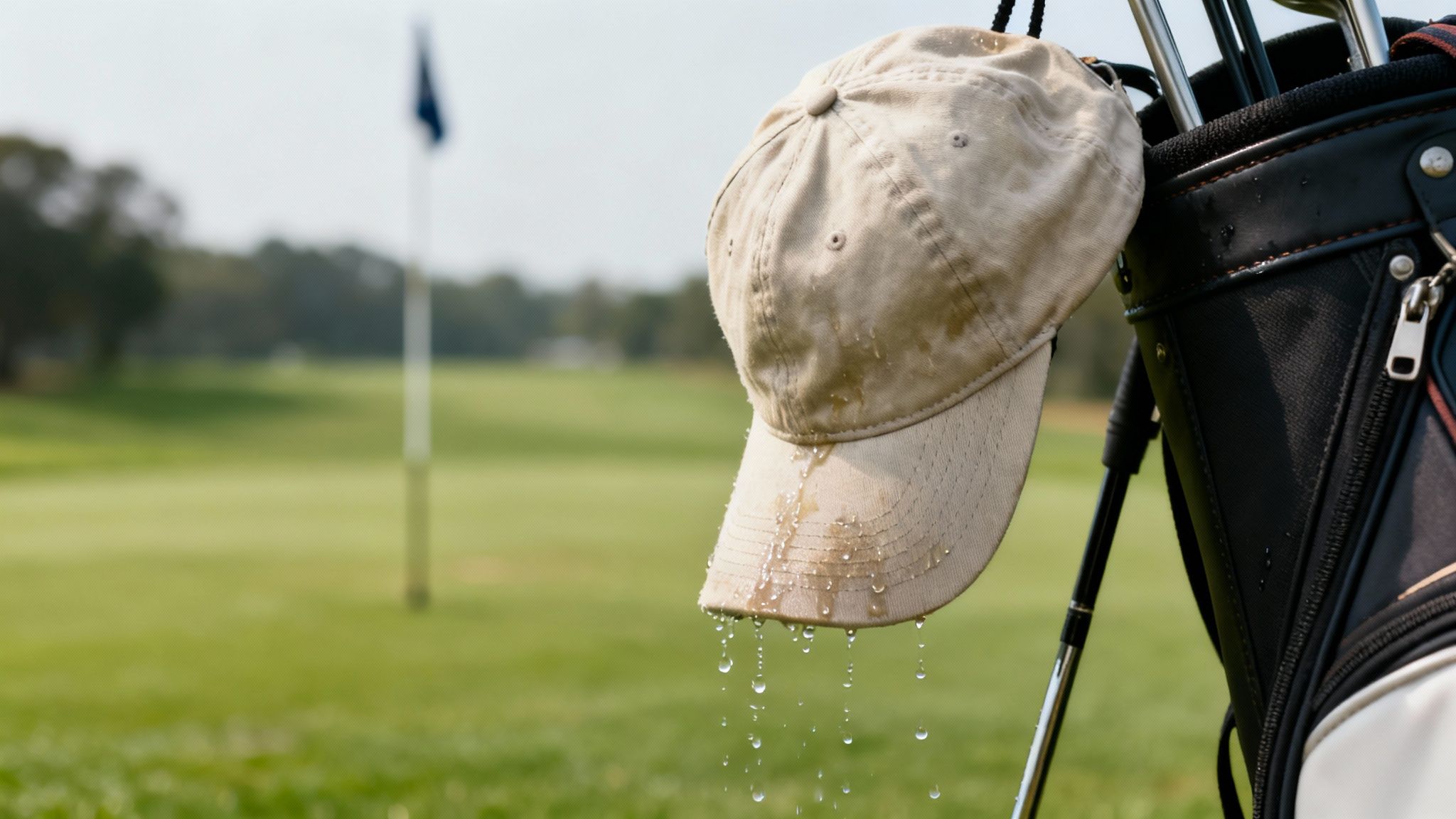 A wet beige baseball cap hangs from a black golf bag on a sunny golf course, with water dripping.