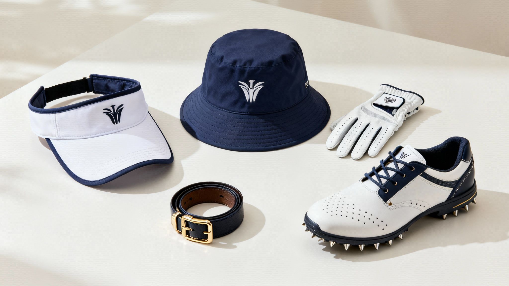 A woman wearing stylish golf accessories, including a visor and shoes, on the course.