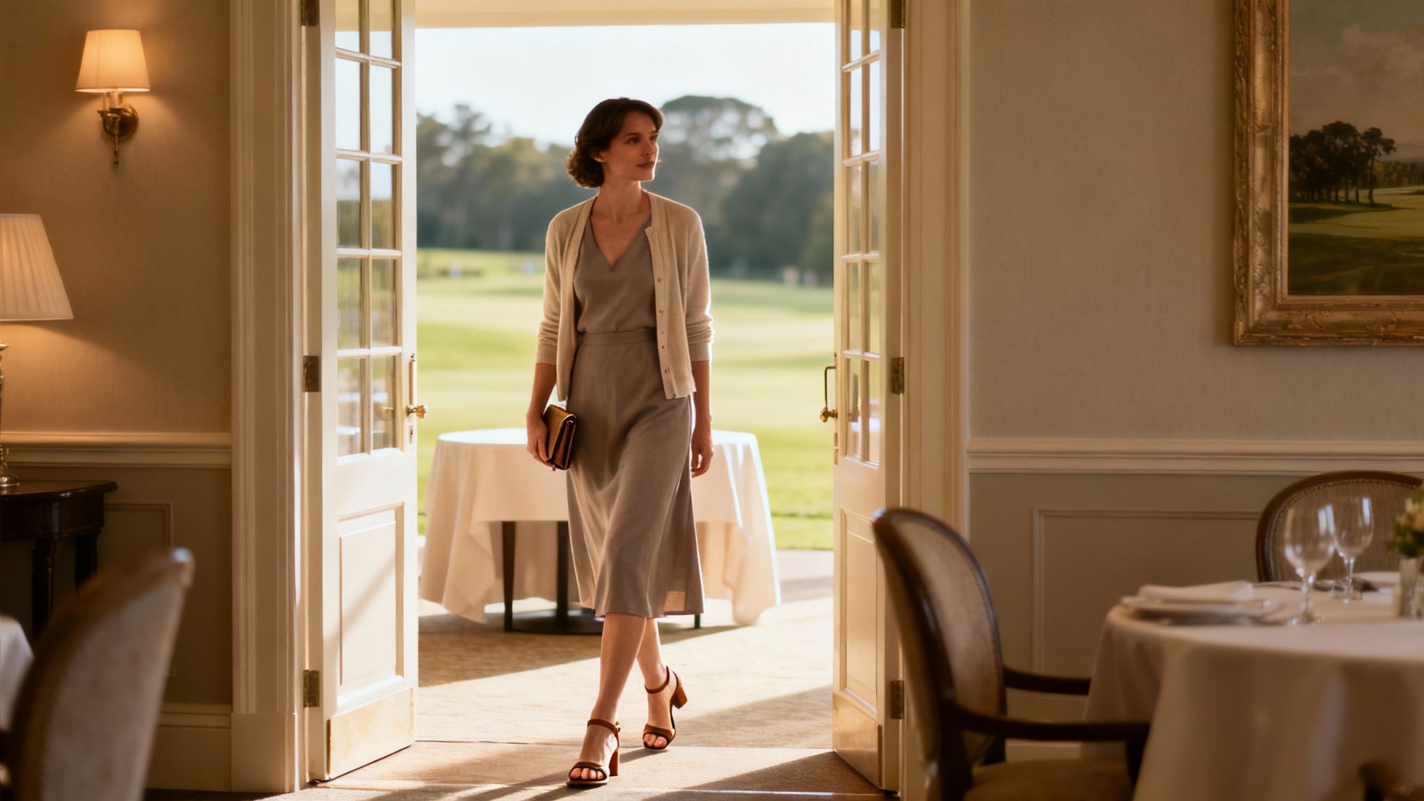 A stylish woman in a grey dress and cardigan walks from a restaurant to a sunny golf course.