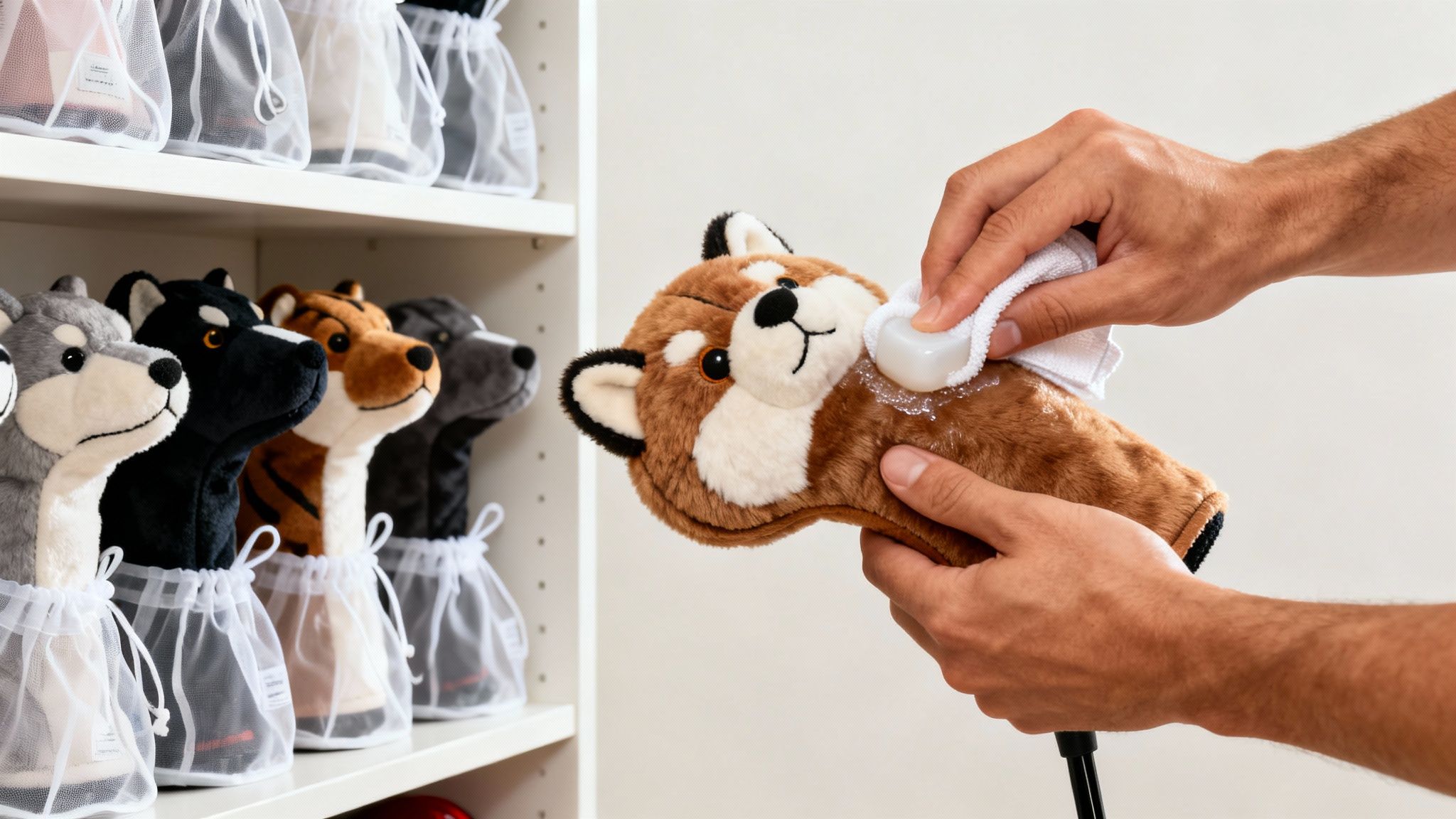 A person's hands cleaning a brown animal golf headcover with soap, other covers on a shelf.