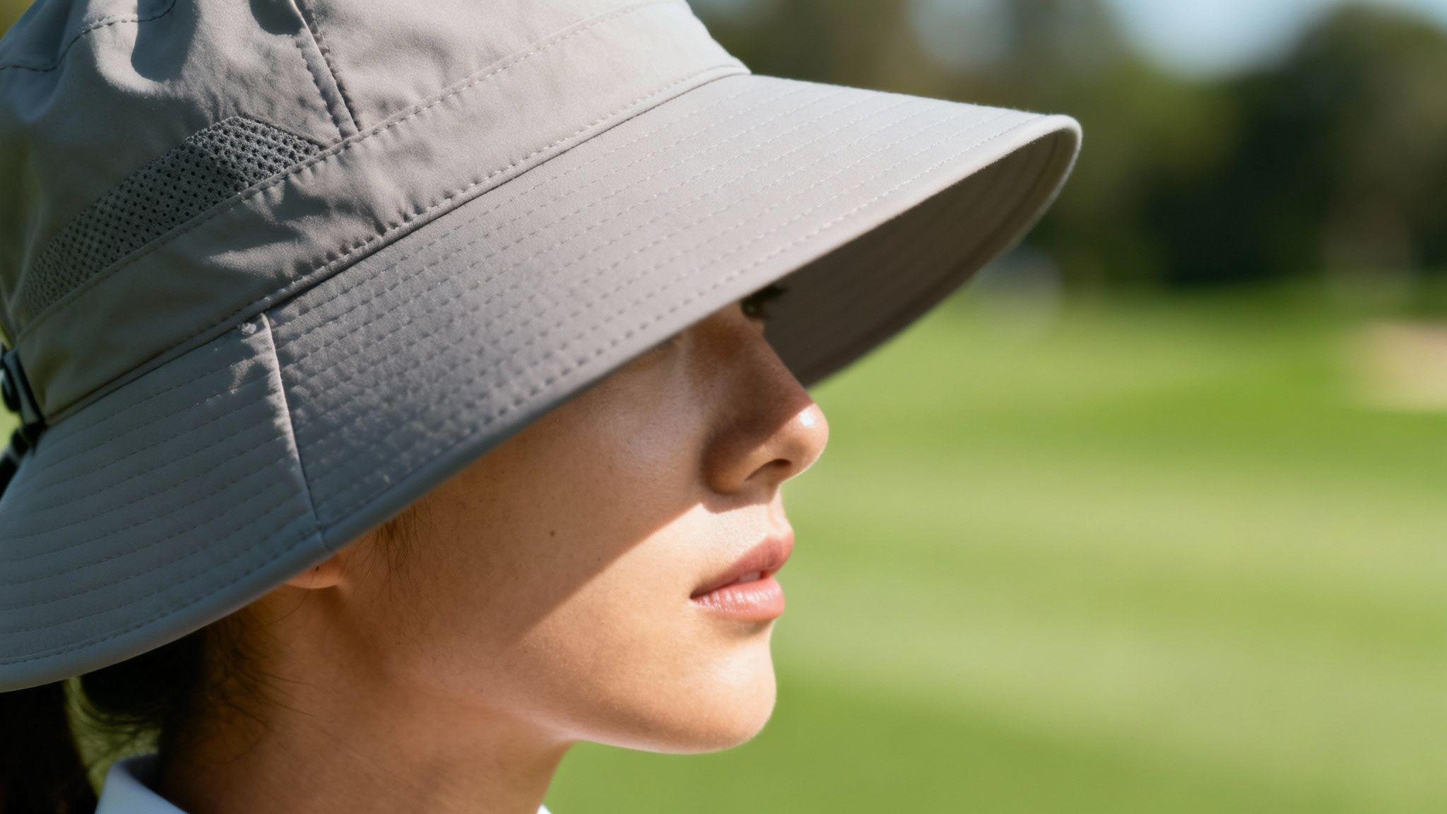 A golfer wearing a white wide-brimmed hat, shielding their face from the sun on a bright golf course.