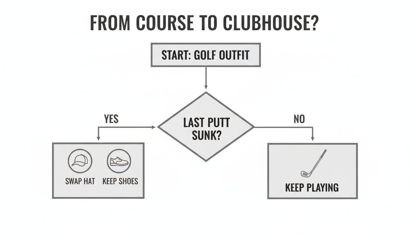 Flowchart: From Course to Clubhouse, guiding golf outfit choices after last putt.