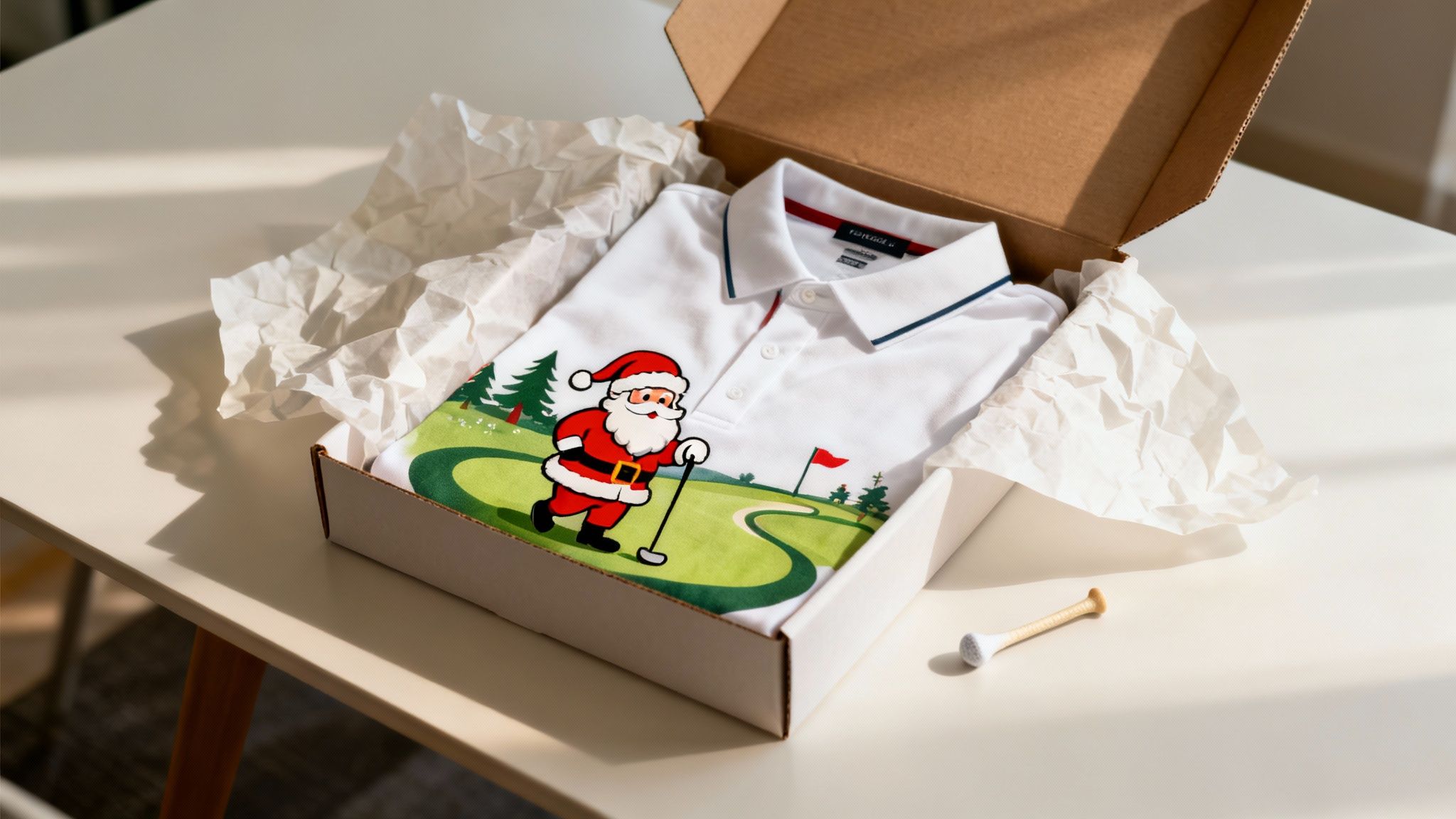 White golf polo shirt featuring a Santa Claus playing golf, neatly packaged in a box with tissue paper.