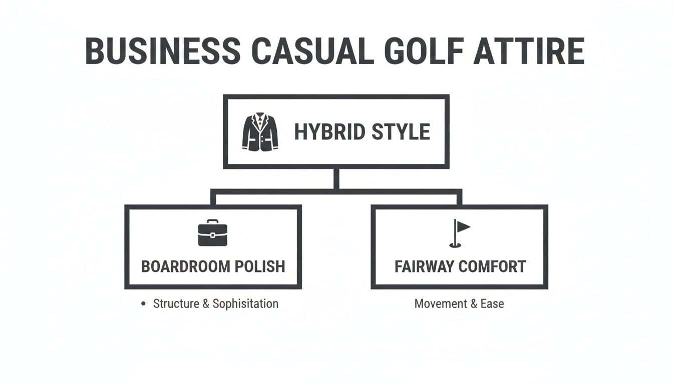 Diagram illustrating business casual golf attire, a hybrid style balancing boardroom polish with fairway comfort.