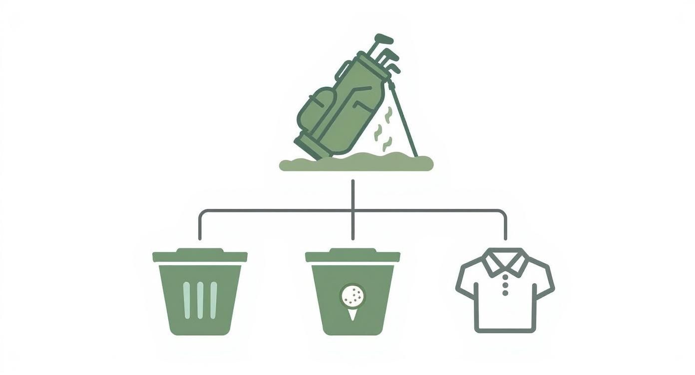 Diagram showing a golf bag leading to separate bins for trash, golf balls, and a polo shirt.
