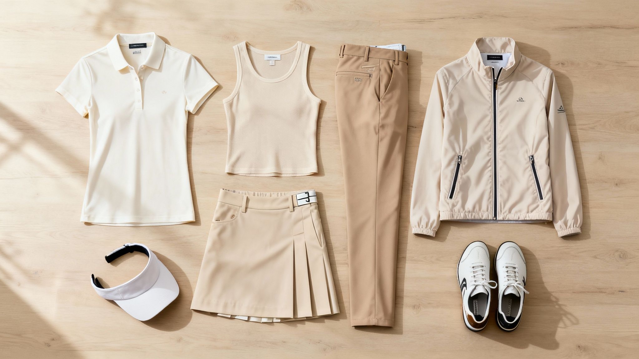 Flat lay of women's neutral-toned golf apparel including shirts, skirt, trousers, jacket, visor, and shoes.