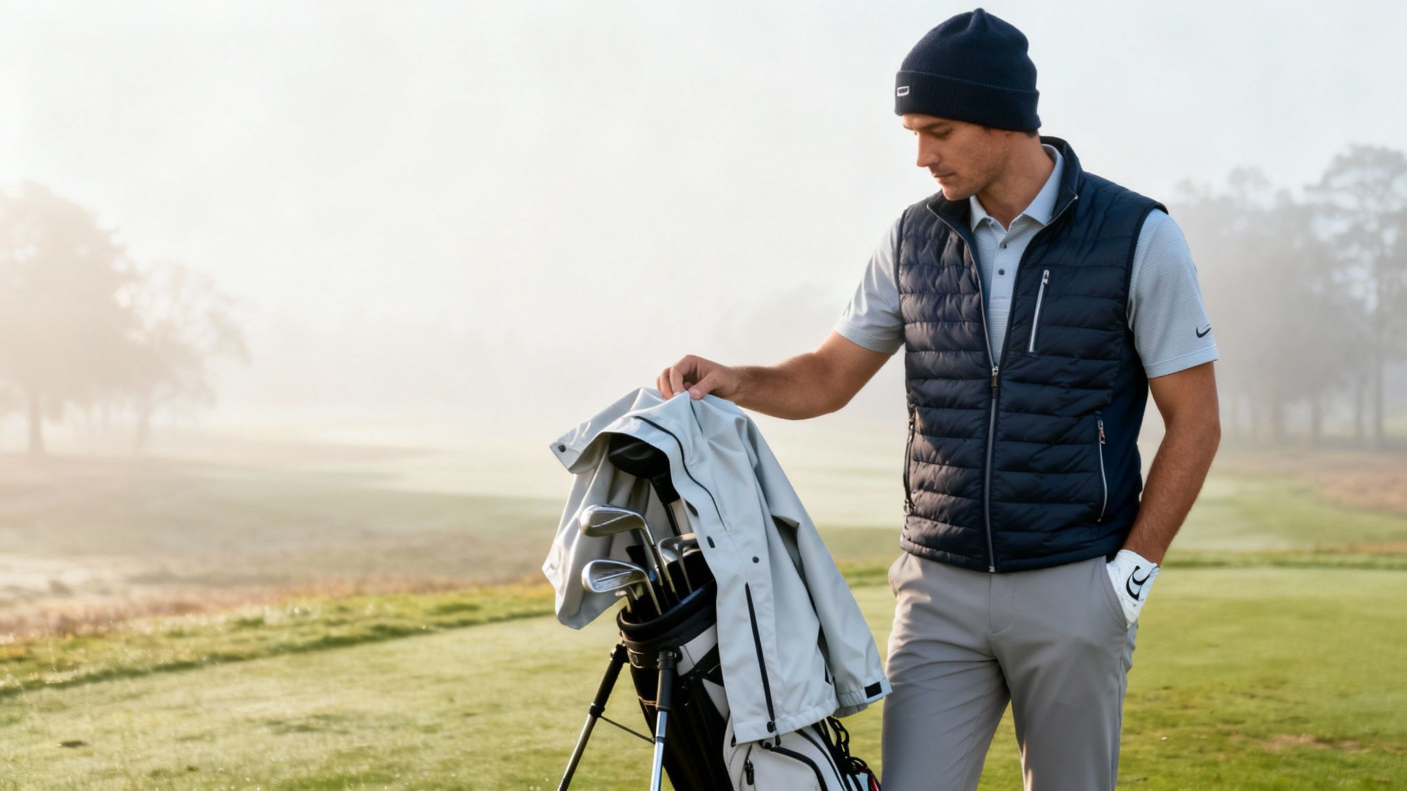 A male golfer in a vest and beanie stands on a misty course, next to his golf bag with a jacket.