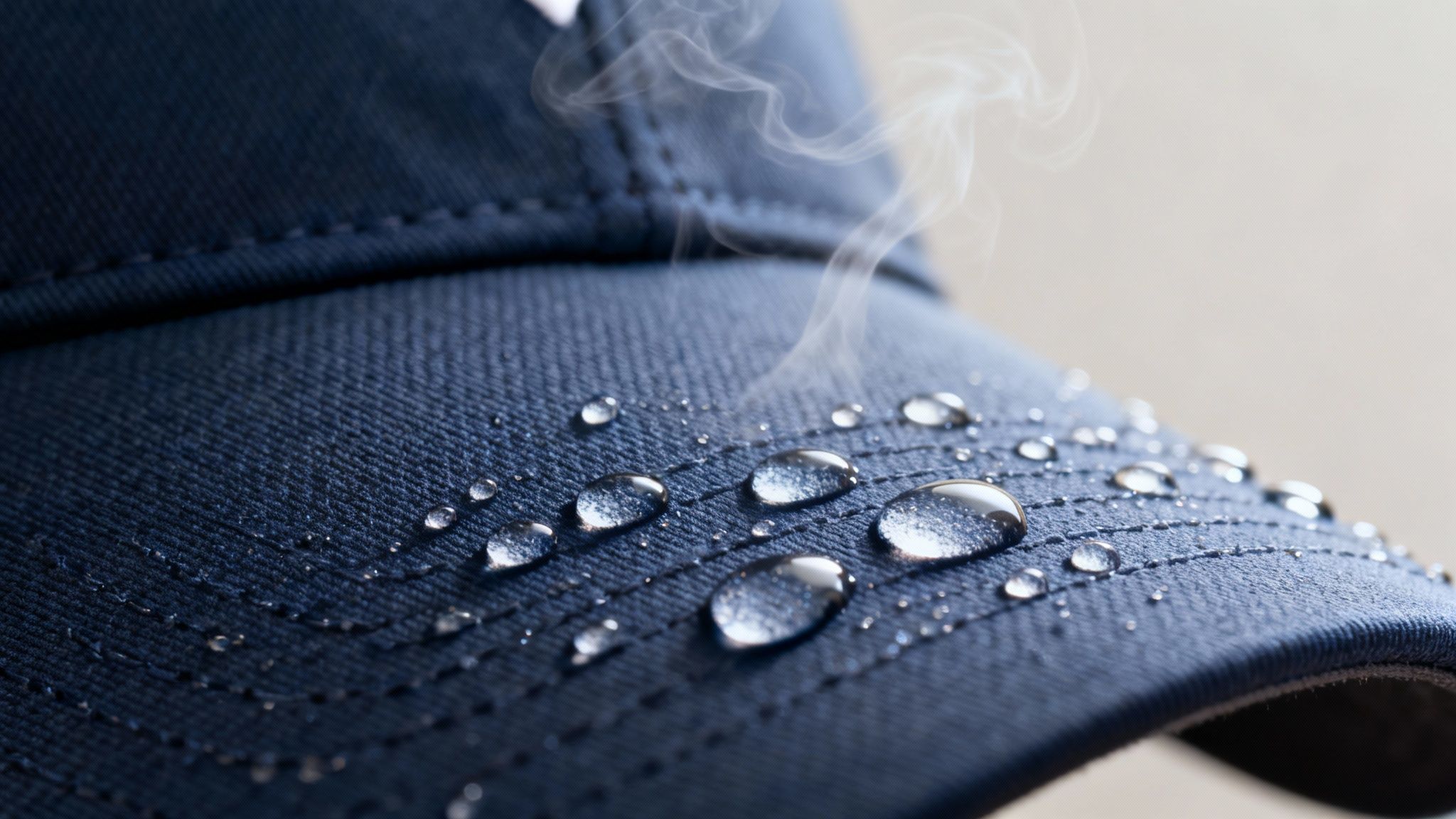 Close-up of a blue waterproof baseball cap with water droplets and steam rising.