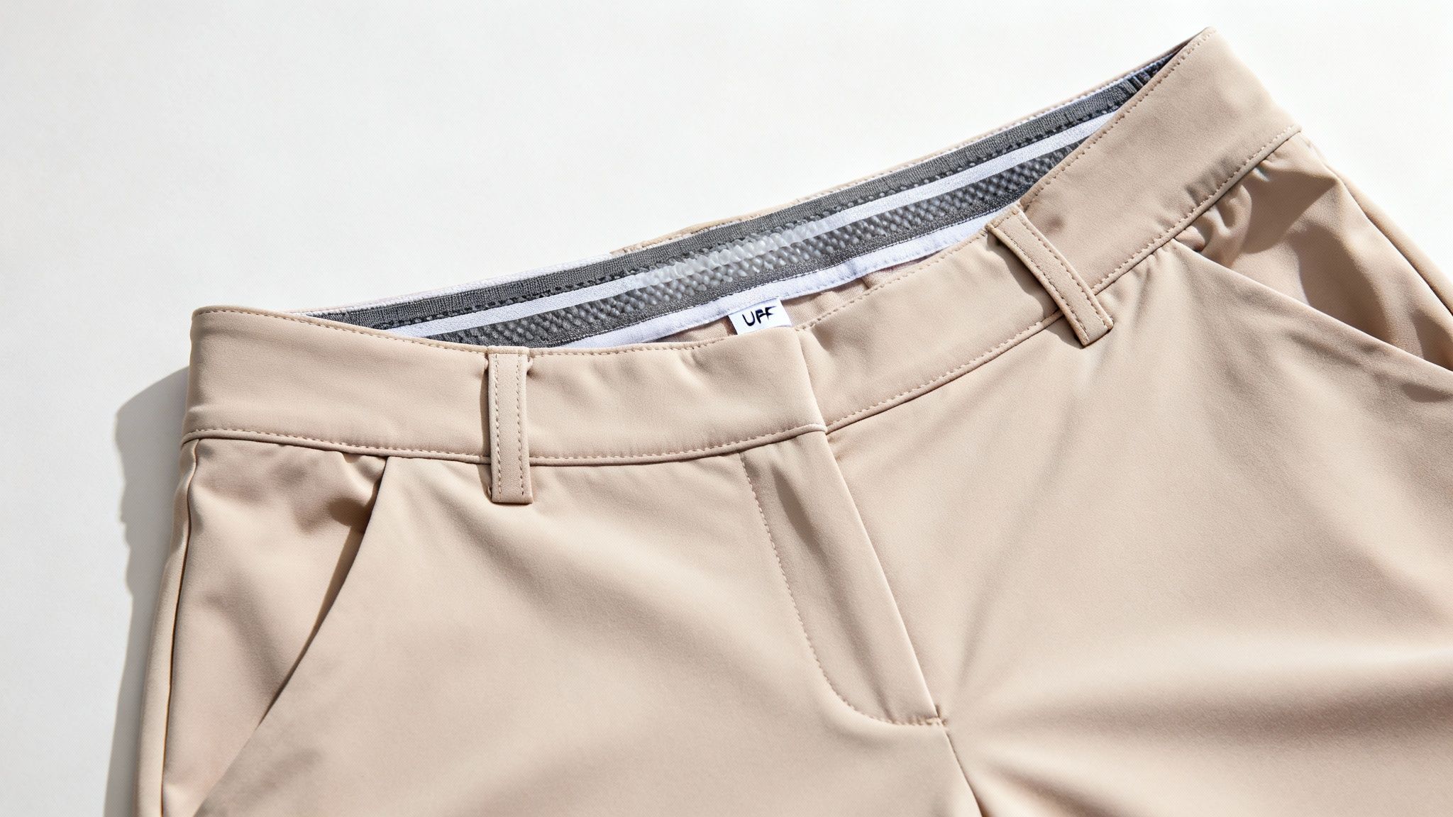 Close-up of beige women's golf pants showing waistband, belt loops, and a pocket detail.