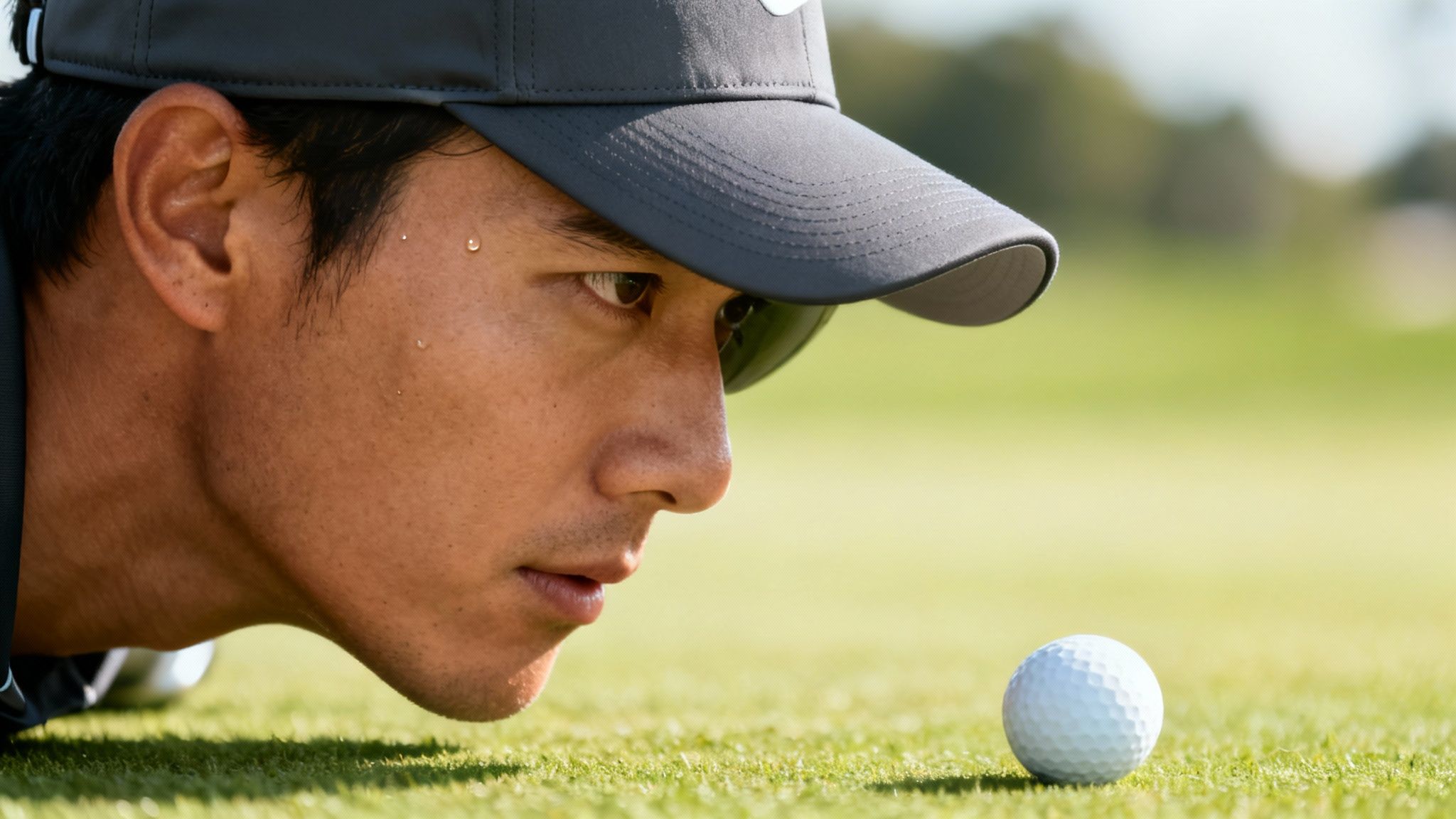 A focused golfer in a grey hat examines a white golf ball on green grass.
