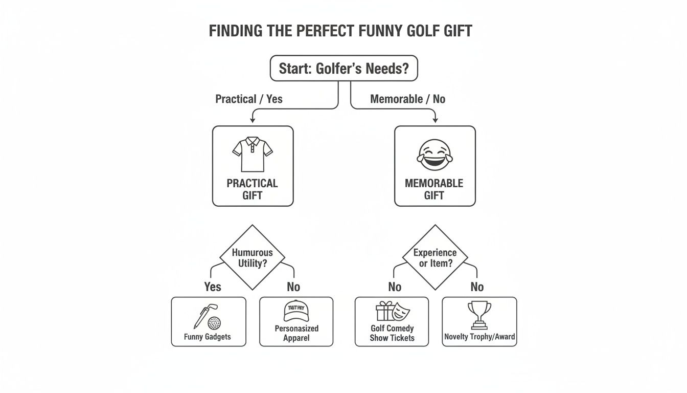 Flowchart guiding the selection of funny golf gifts, categorized by practical, memorable, humorous utility, or experience.
