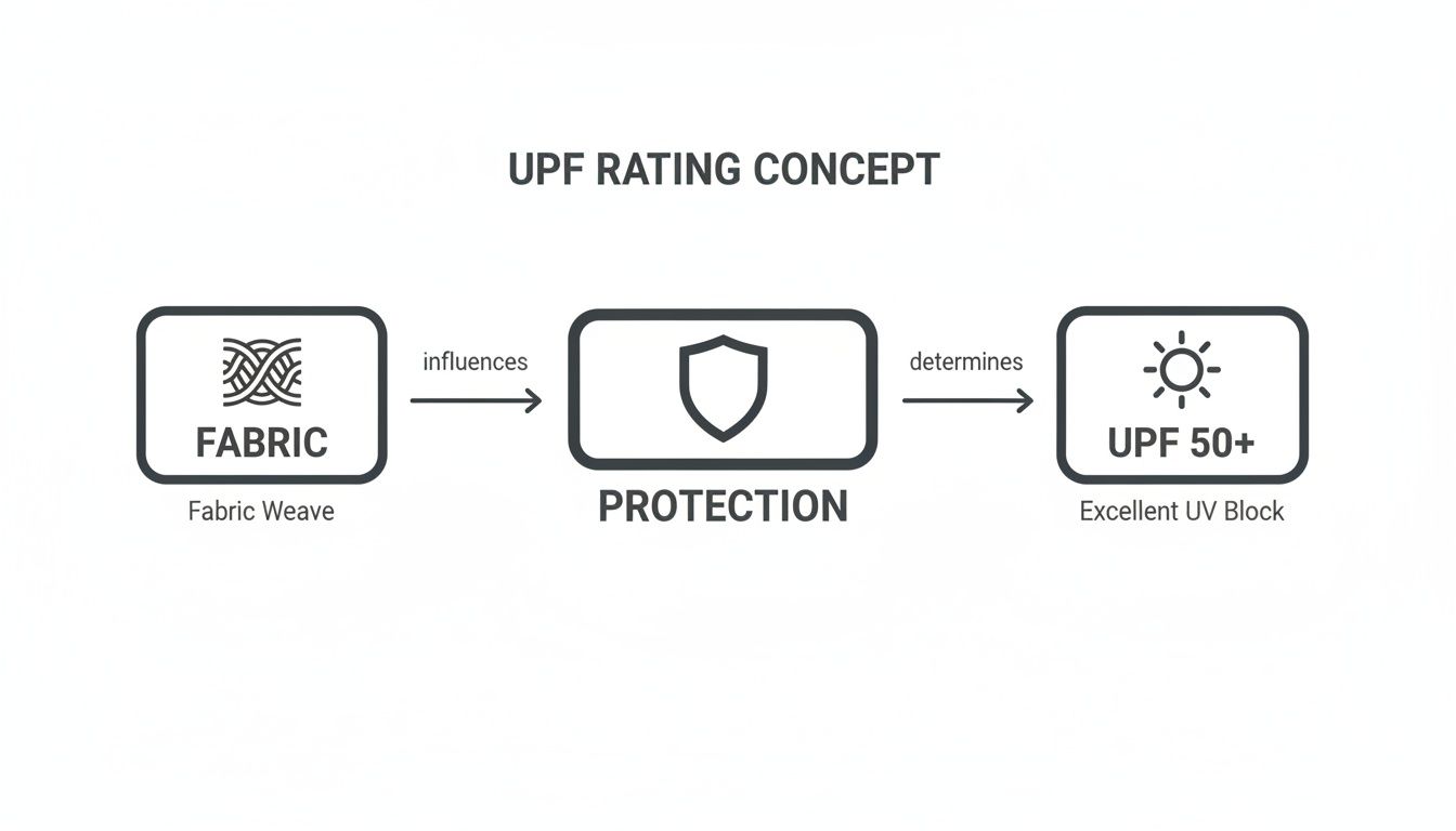 Diagram illustrating the UPF rating concept, showing how fabric weave influences protection, determining the UPF 50+ excellent UV block.
