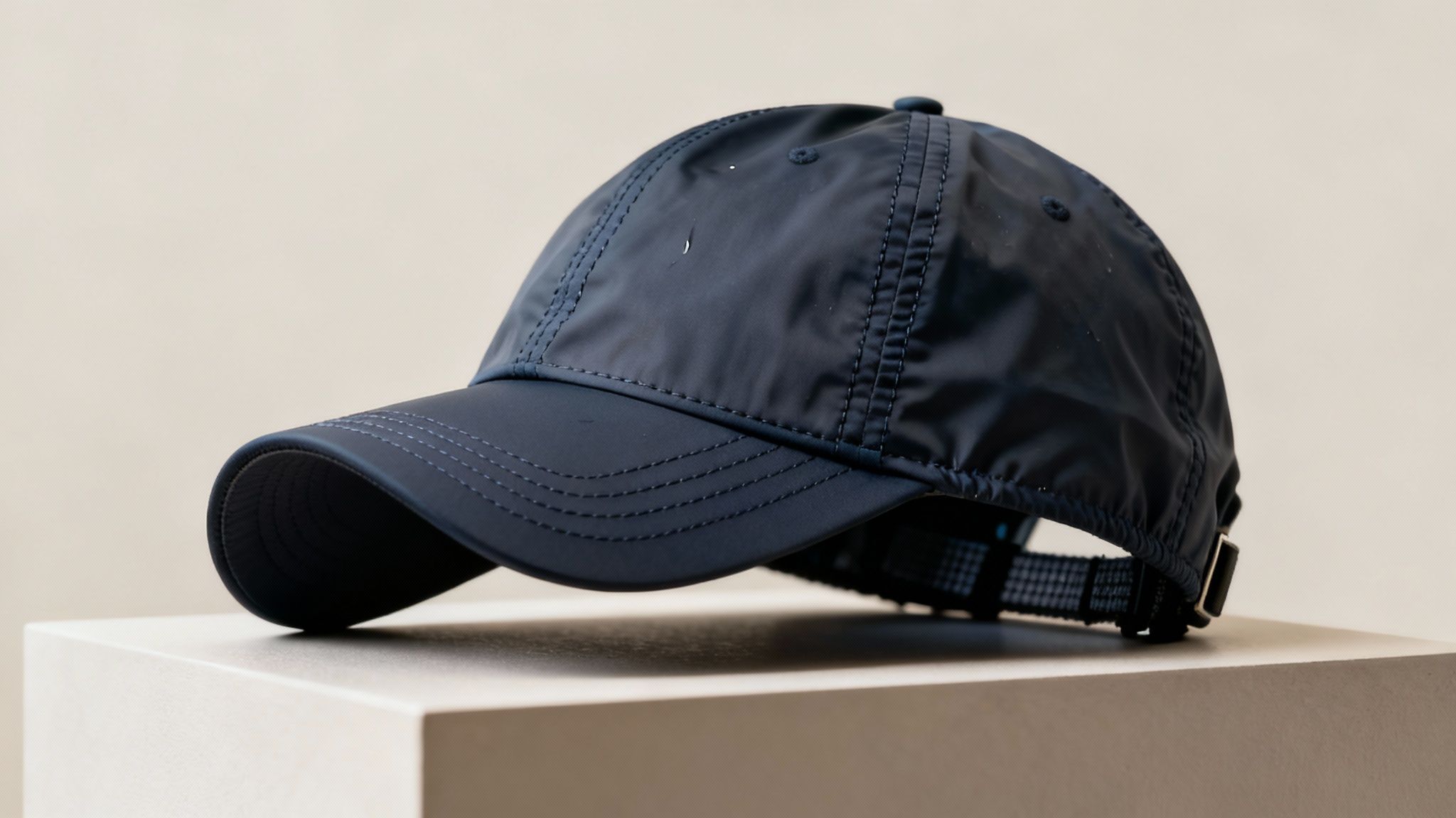 A person wearing a waterproof golf hat while concentrating on their swing in the rain.