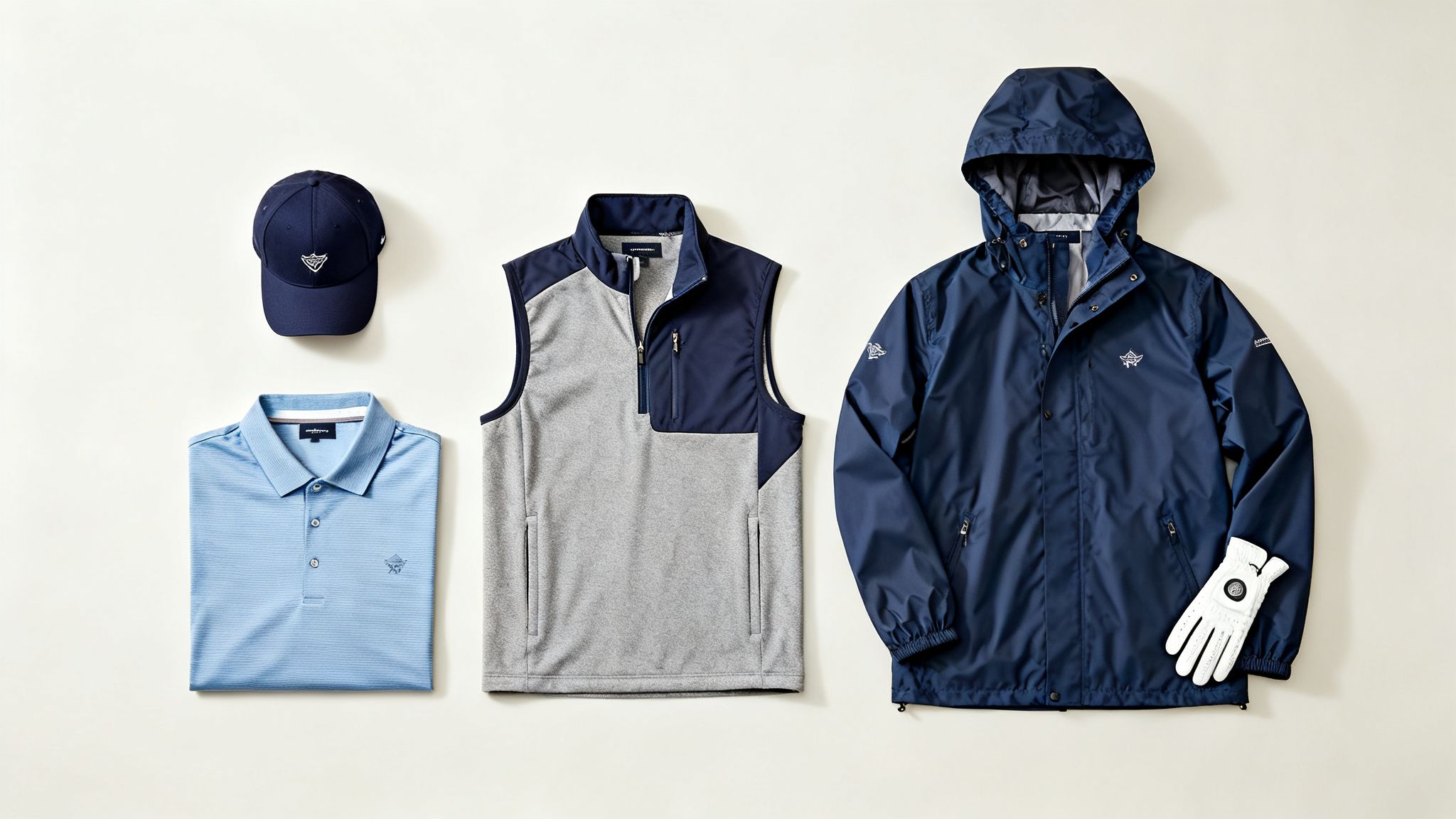 A flat lay of men's golf apparel including a cap, polo shirt, vest, jacket, and golf glove.