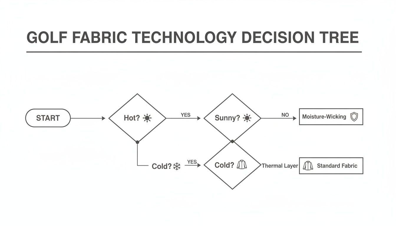 A golf fabric technology decision tree flowchart illustrating choices based on hot, cold, and sunny weather for apparel.