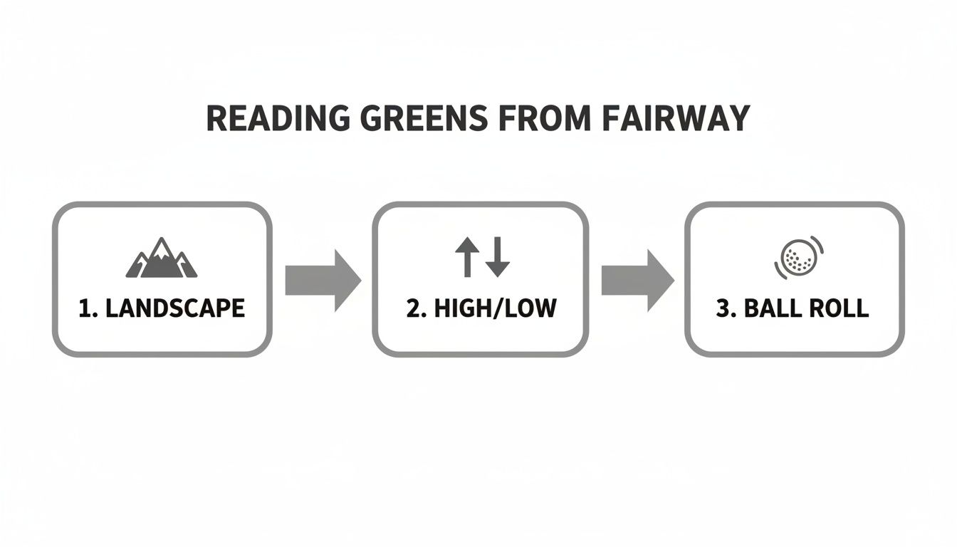 A flowchart detailing three steps for reading golf greens from the fairway: Landscape, High/Low, and Ball Roll.
