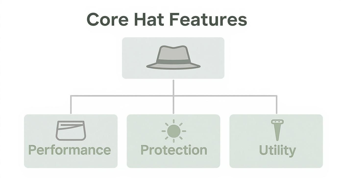 Diagram showing three core hat features: performance, protection, and utility with corresponding icons