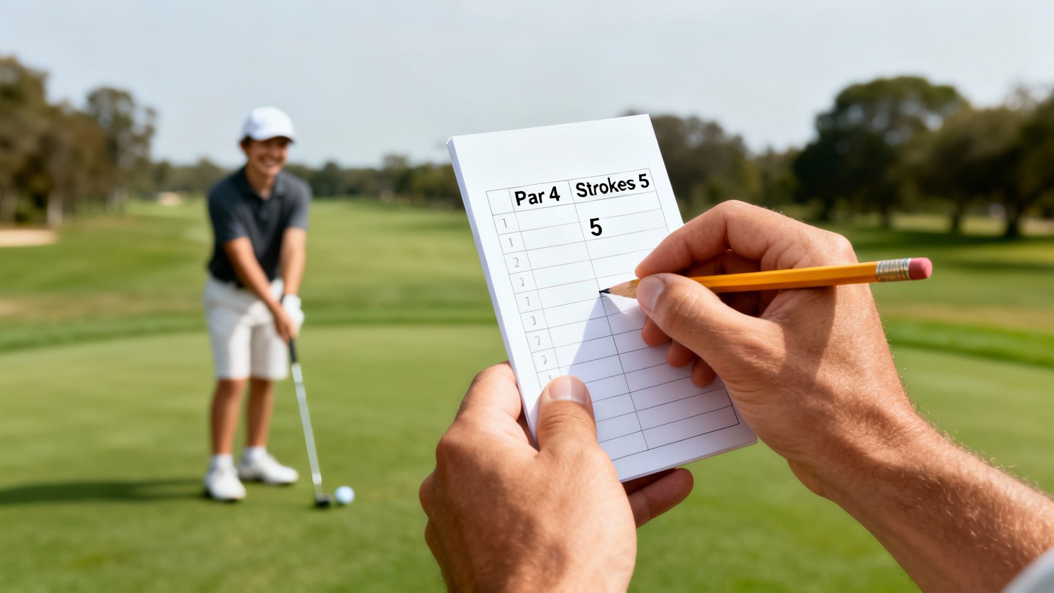 Close-up of hands marking a golf score on a scorecard, with a golfer on the course.
