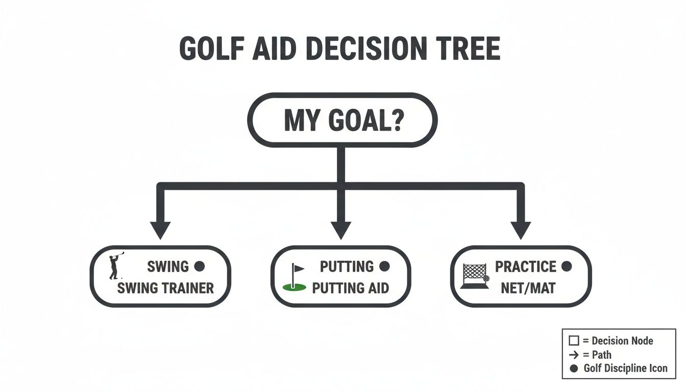 A golf aid decision tree chart guiding users to choose training aids for swing, putting, or practice.