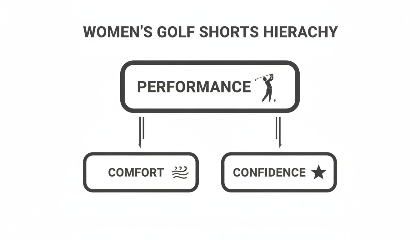 A hierarchy chart illustrating Women's Golf Shorts Performance leading to Comfort and Confidence, with relevant icons.