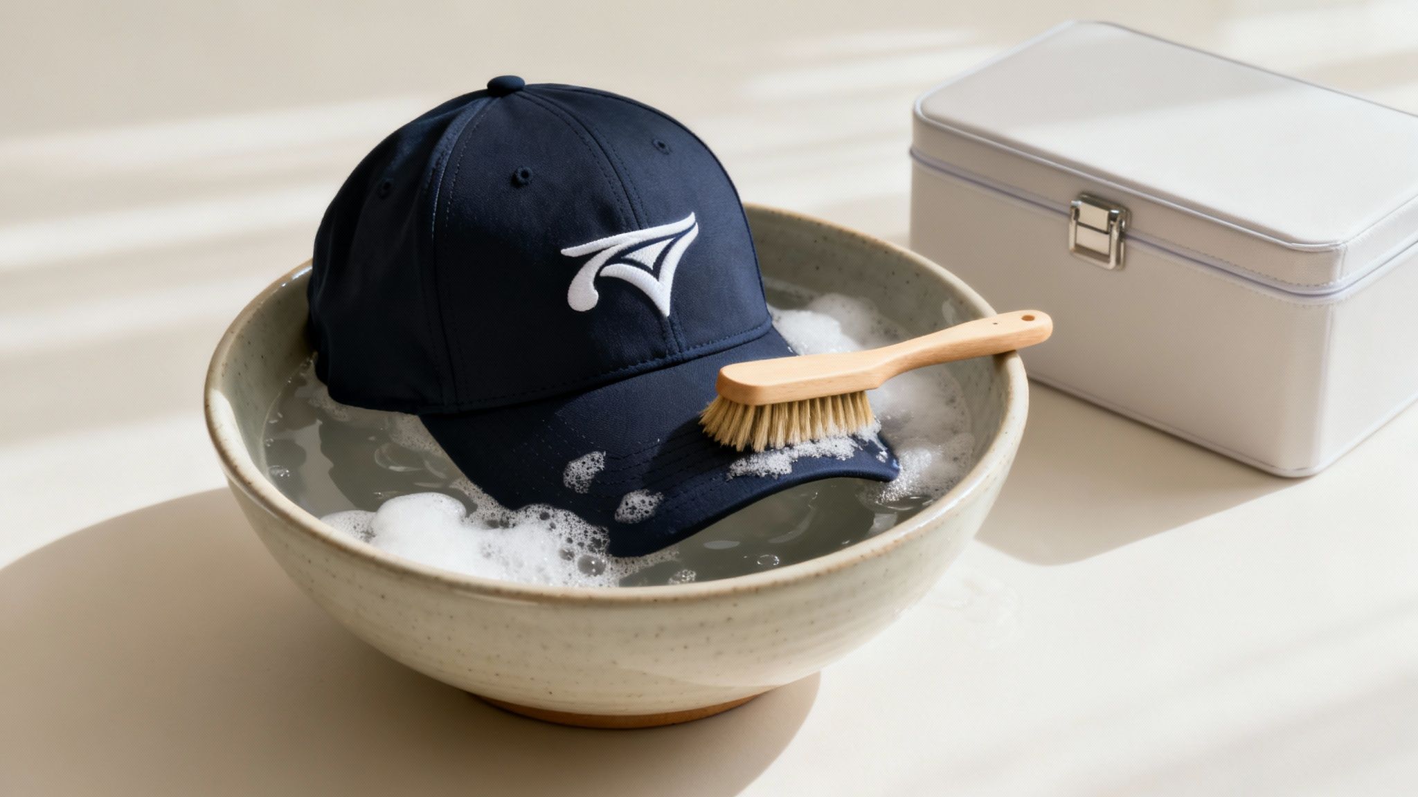 A hand gently washing a white golf hat in a sink with soapy water.