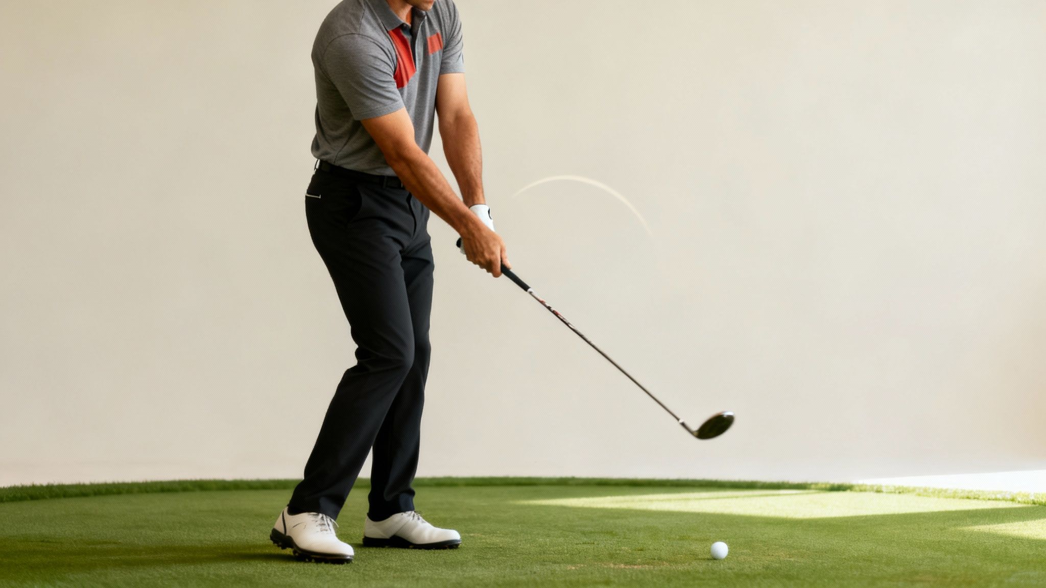 A male golfer in a grey polo shirt and black pants swings a golf club to hit a white ball on a green practice mat.