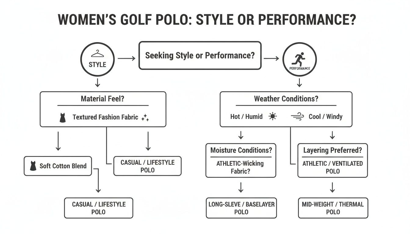 Decision tree for women's golf polo selection based on style versus performance criteria.