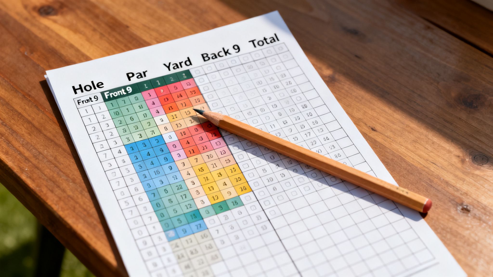 Close-up of a golf scorecard with handwritten scores and a pencil resting on a wooden table.