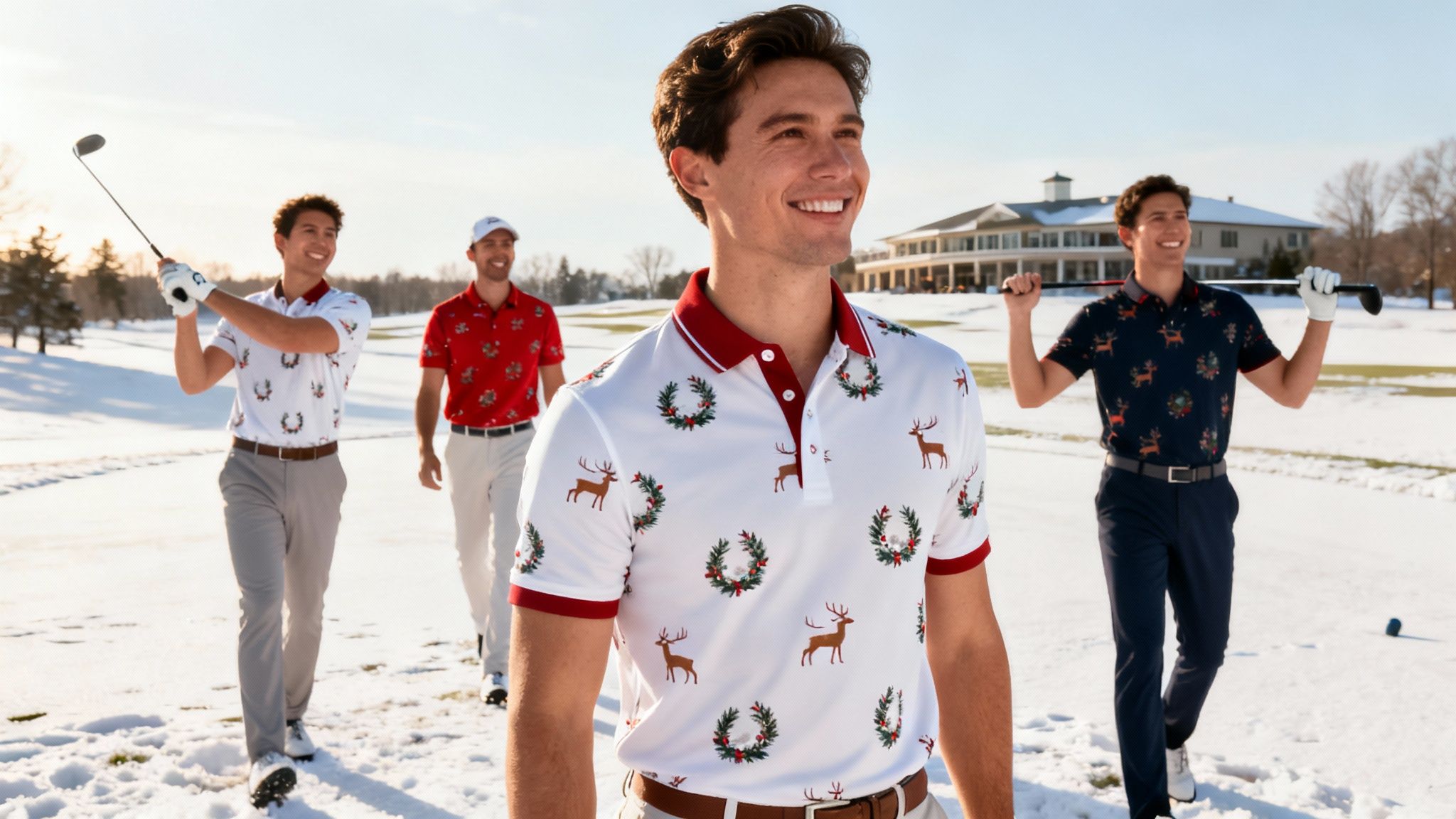 Four smiling men play golf in the snow, wearing festive Christmas-themed polo shirts.