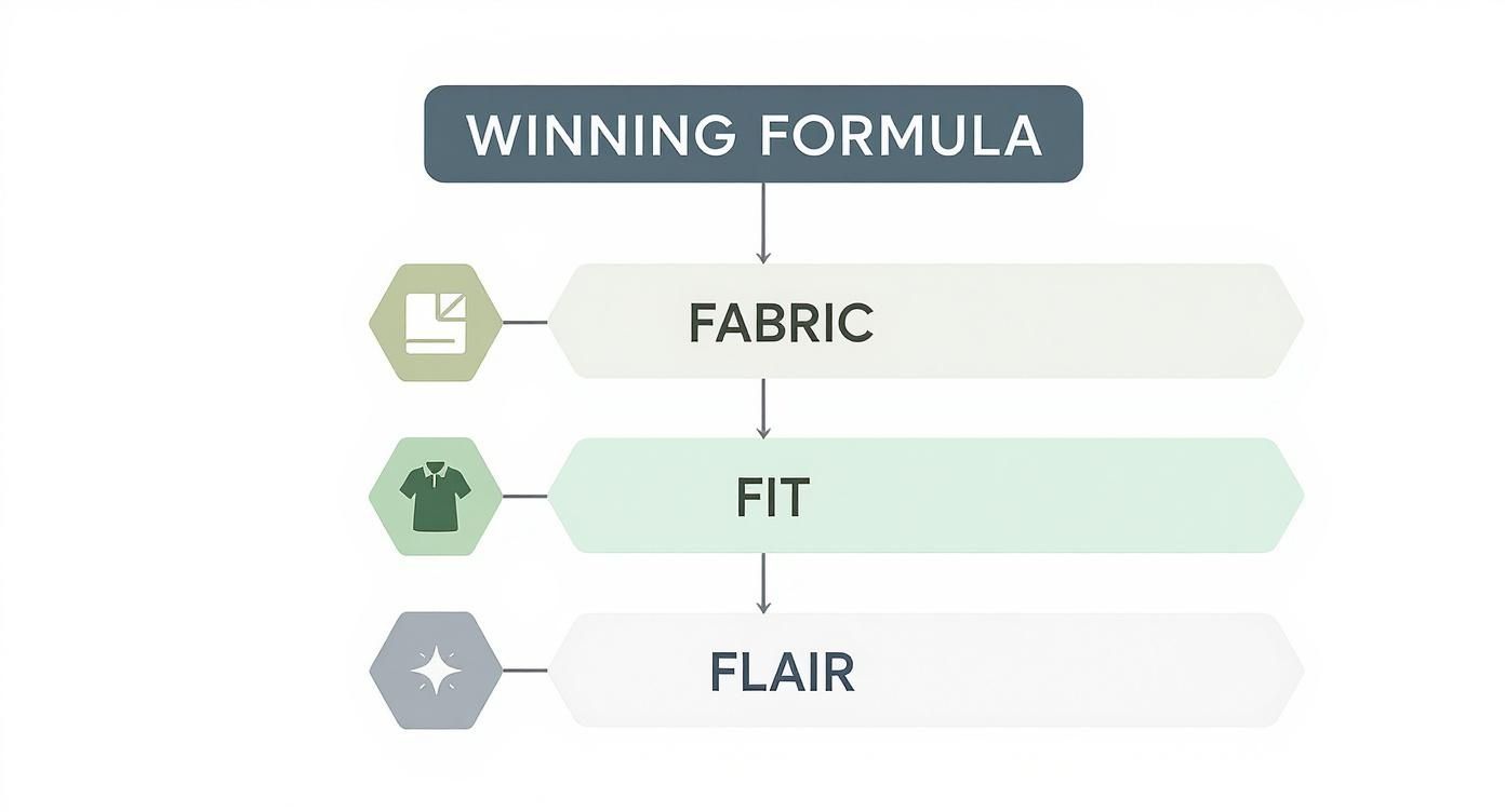 Flowchart outlining the winning formula for golf apparel: fabric, fit, and flair, each with an icon.