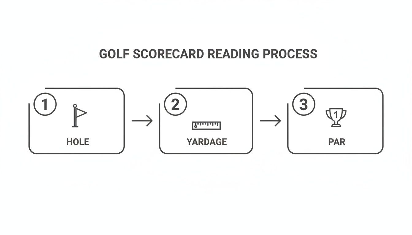 A step-by-step diagram showing how to read a golf scorecard, detailing hole, yardage, and par.