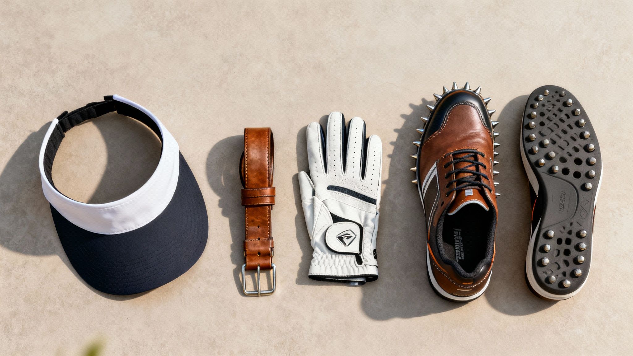 A pair of modern golf shoes and a golf glove sitting on the grass.