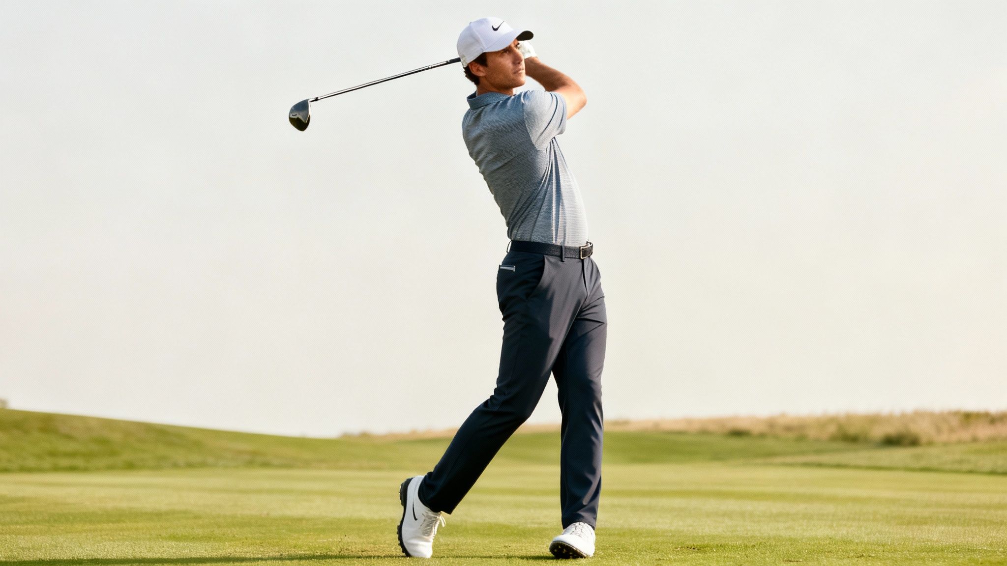 Golfer in modern performance apparel taking a swing on a beautiful course