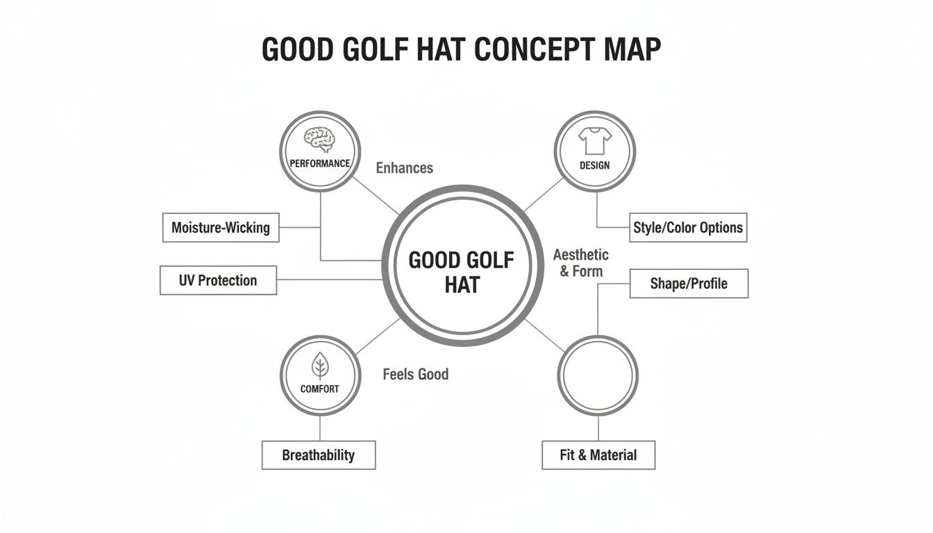 Concept map outlining key features for a good golf hat, including performance, design, comfort, and fit.