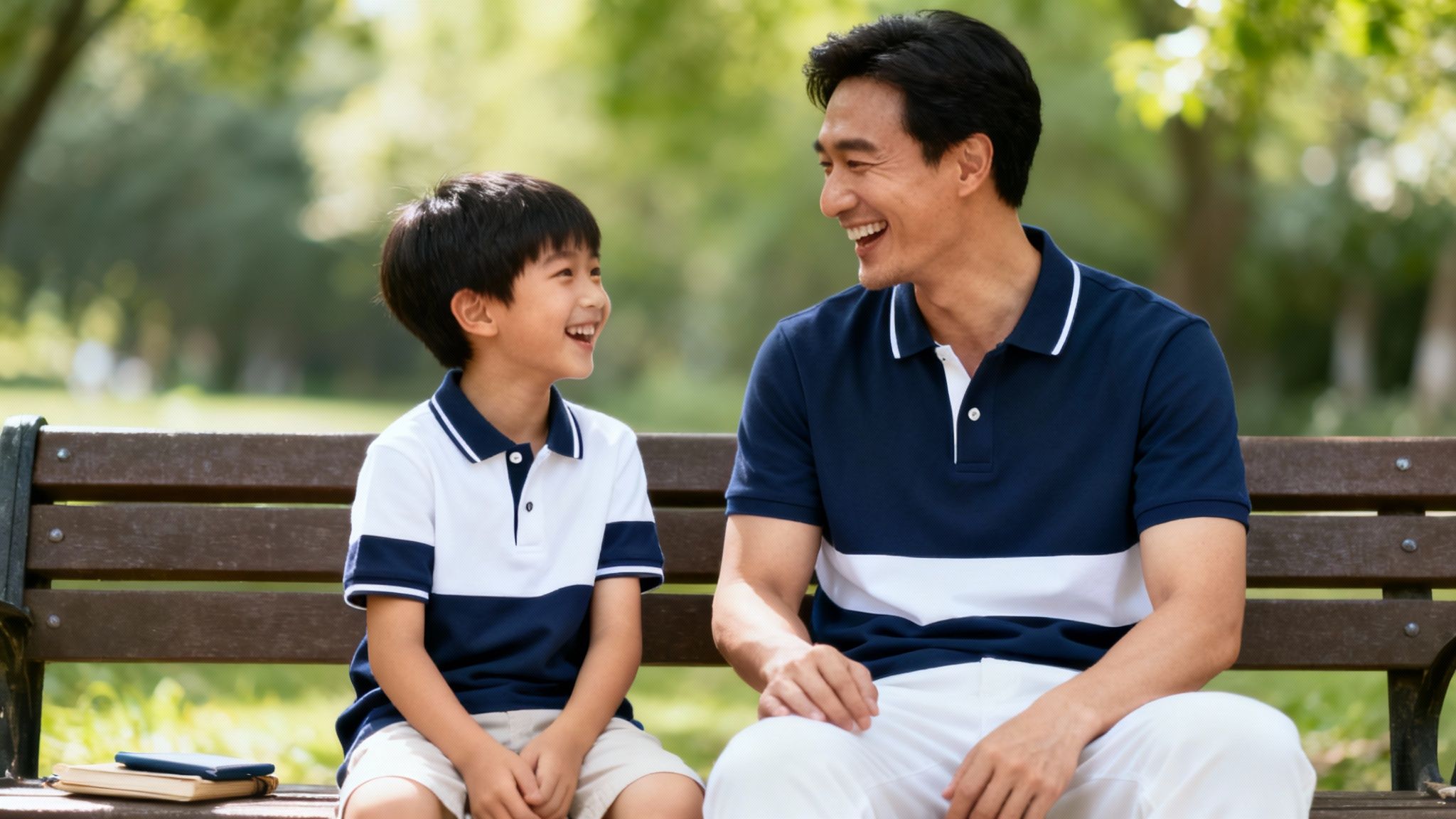 Father and son in matching blue and white striped polos laughing together on a golf course.