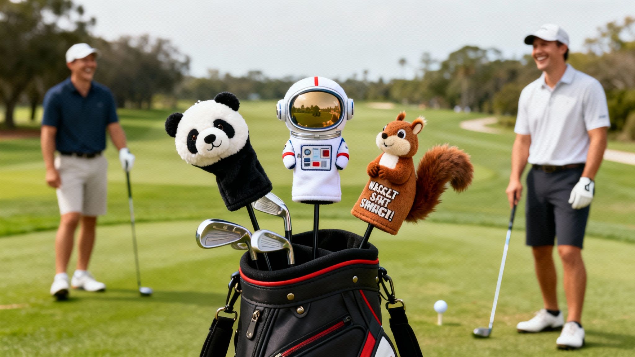 A golf bag featuring panda, astronaut, and squirrel headcovers, with two smiling golfers on the course.