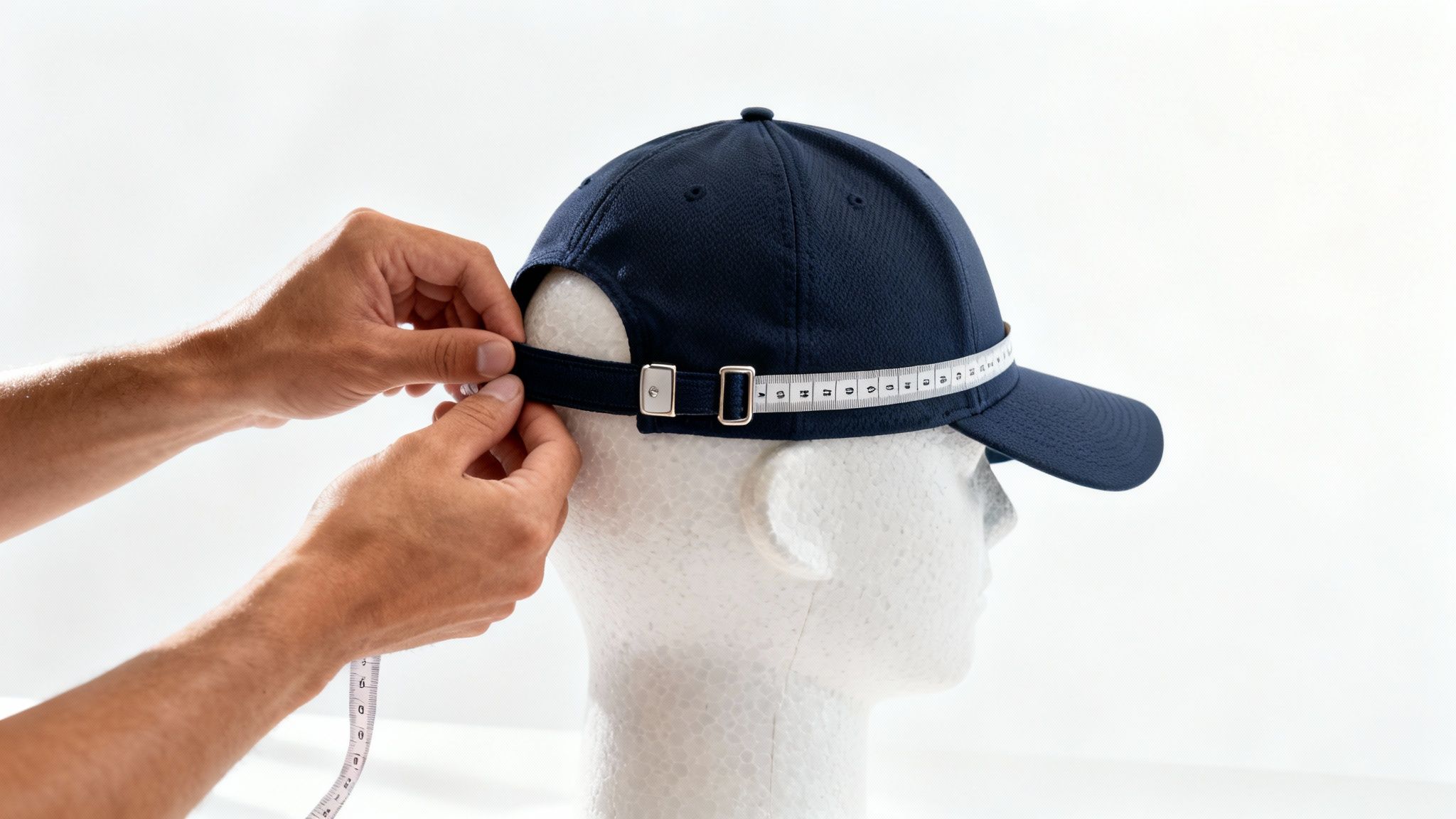 Hands adjusting a dark blue baseball cap with a measuring tape on a white styrofoam head.