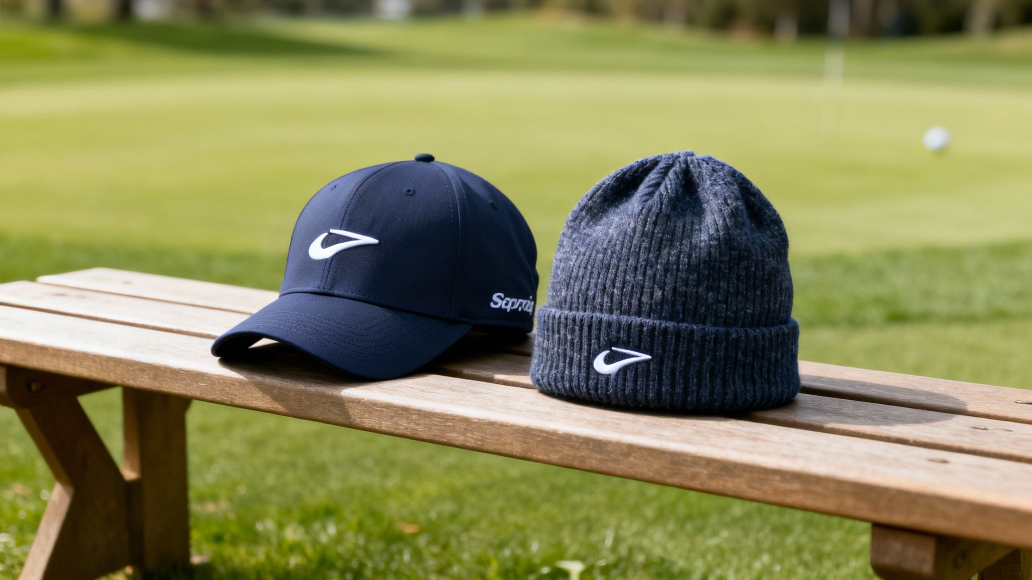 A navy baseball cap and a dark beanie hat with white logos sit on a wooden bench at a golf course.