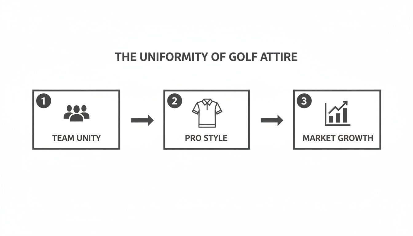 A flowchart showing how the uniformity of golf attire leads to team unity, pro style, and market growth.