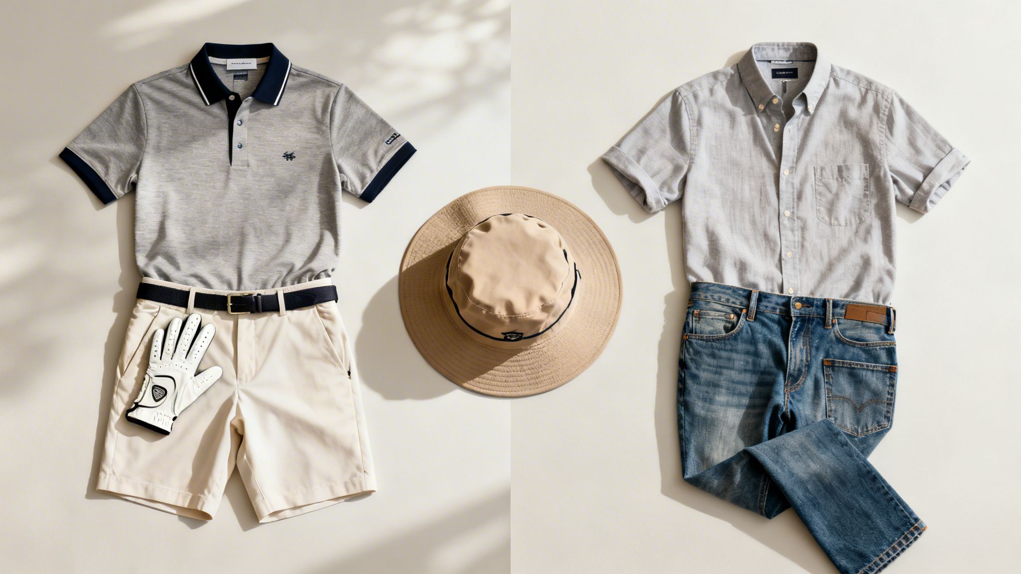 Flat lay of a men's golf outfit, a casual denim outfit, and a beige bucket hat.
