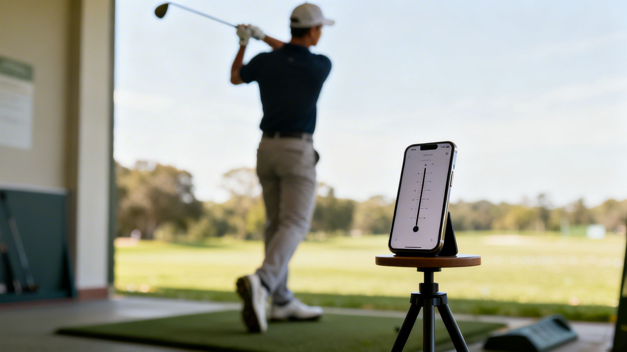 A golfer practices their swing at a driving range, while a smartphone on a tripod displays a golf analysis app.