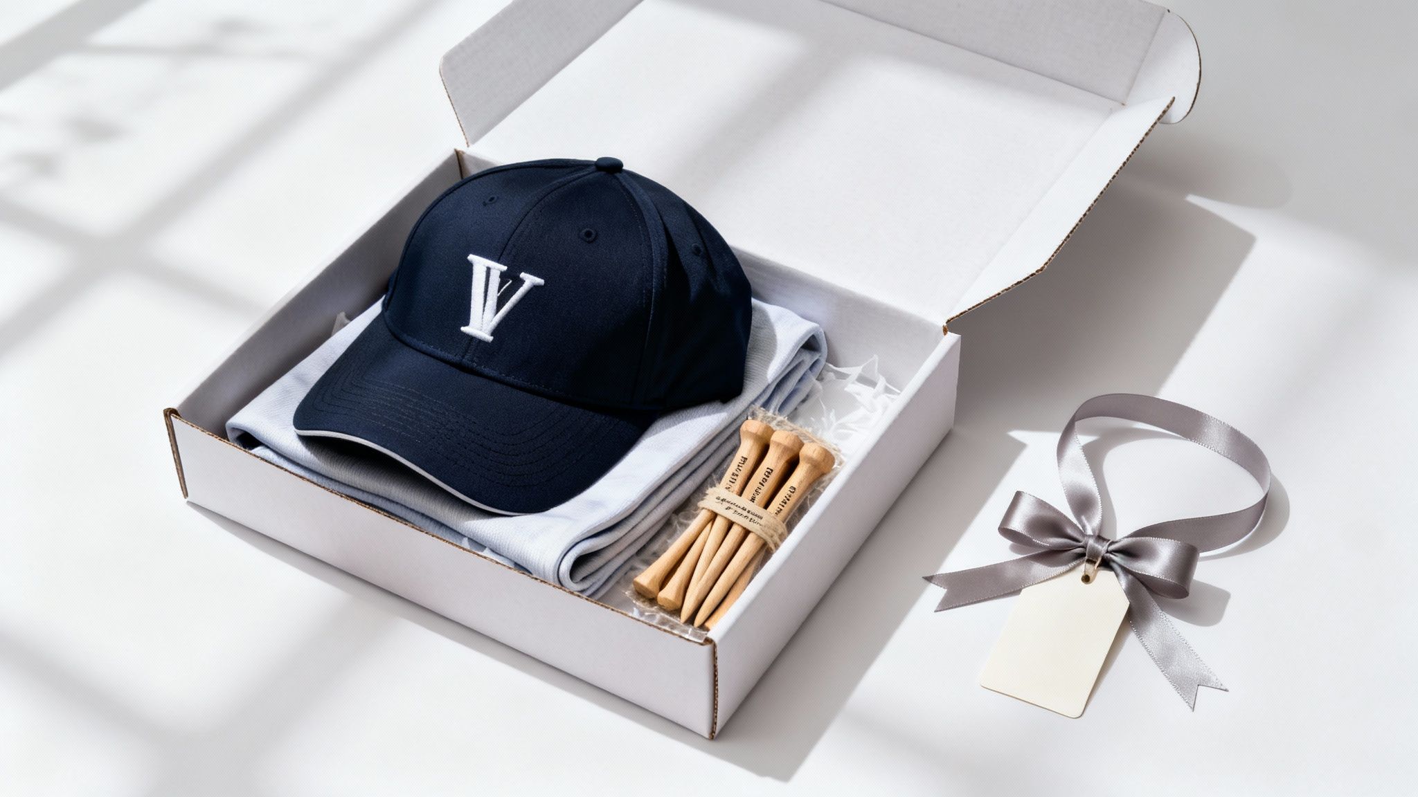 A white box holds a navy blue cap, grey towel, and wooden golf tees, with a grey ribbon and tag.